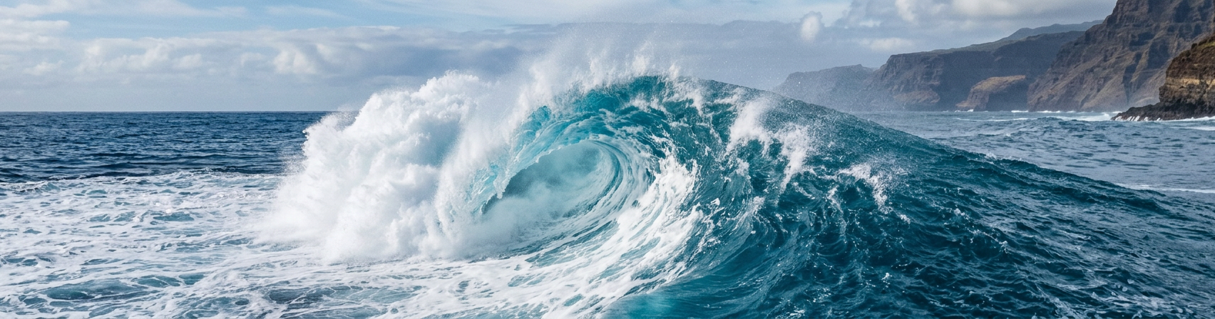 Large blue ocean wave curling with white foam near rocky cliffs